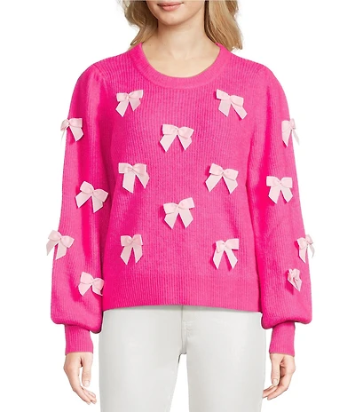 Lilly Pulitzer Zarie Fluffy Blend Knit Bow Applique Crew Neck Puff Long Sleeve Sweater