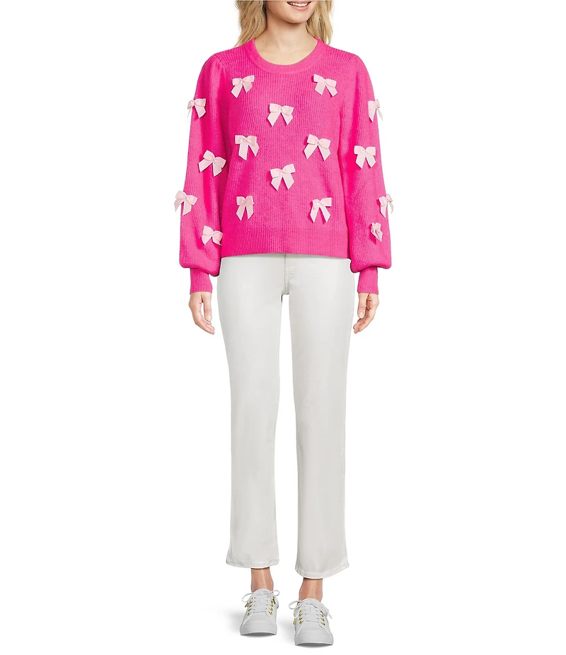 Lilly Pulitzer Zarie Fluffy Blend Knit Bow Applique Crew Neck Puff Long Sleeve Sweater
