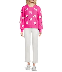 Lilly Pulitzer Zarie Fluffy Blend Knit Bow Applique Crew Neck Puff Long Sleeve Sweater
