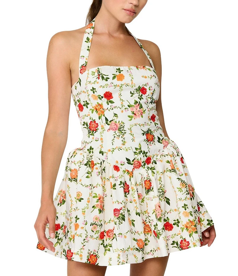Line and Dot Anisa Floral Print Halter Neck Sleeveless A-Line Poplin Mini Dress