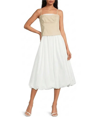 Line and Dot Anitha Mixed Media Square Neck Sleeveless Bubble Hem Midi Dress