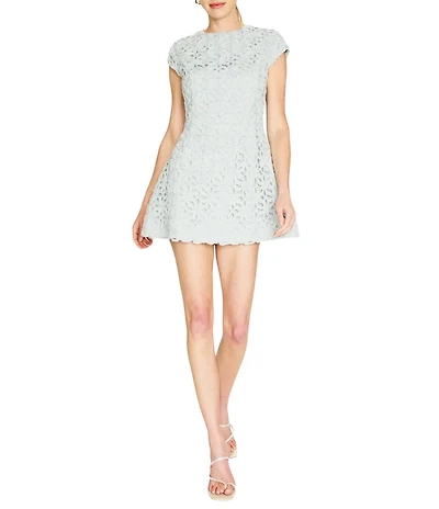 Line and Dot Aris Crew Neck Cap Sleeve Floral Openwork Mini Dress