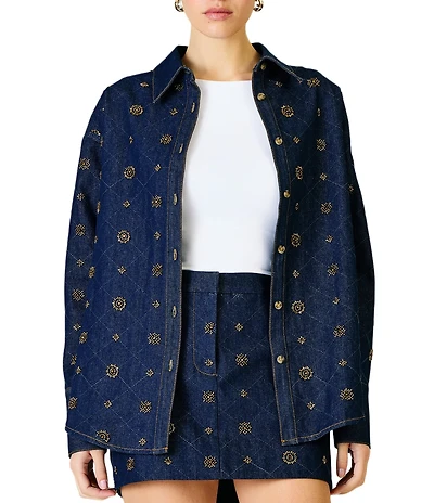 Line and Dot Attina Beaded Embellished Point Collar Long Sleeve Button Front Coordinating Denim Shirt