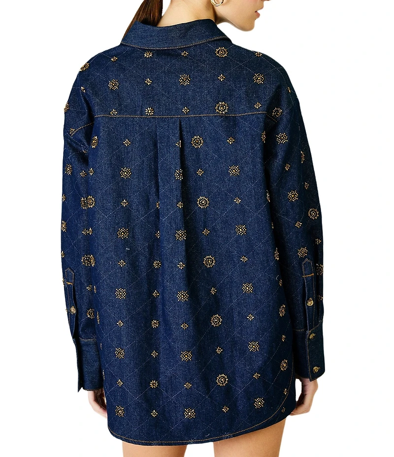 Line and Dot Attina Beaded Embellished Point Collar Long Sleeve Button Front Coordinating Denim Shirt