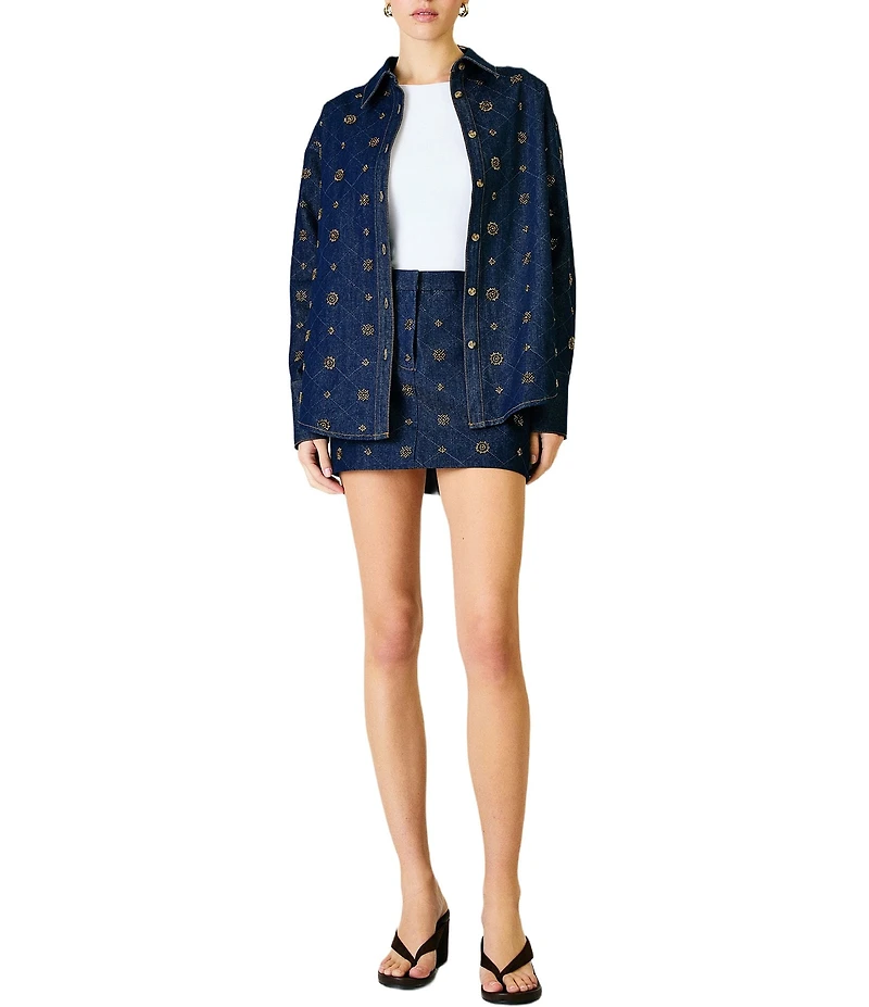 Line and Dot Attina Beaded Embellished Point Collar Long Sleeve Button Front Coordinating Denim Shirt