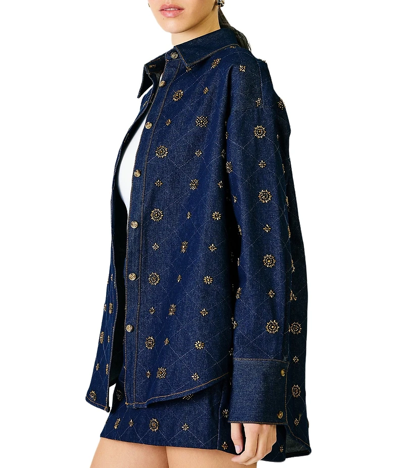 Line and Dot Attina Beaded Embellished Point Collar Long Sleeve Button Front Coordinating Denim Shirt