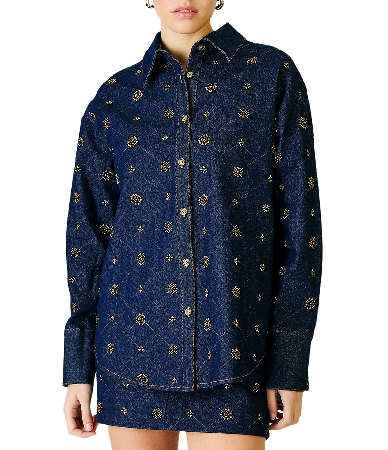 Line and Dot Attina Beaded Embellished Point Collar Long Sleeve Button Front Coordinating Denim Shirt
