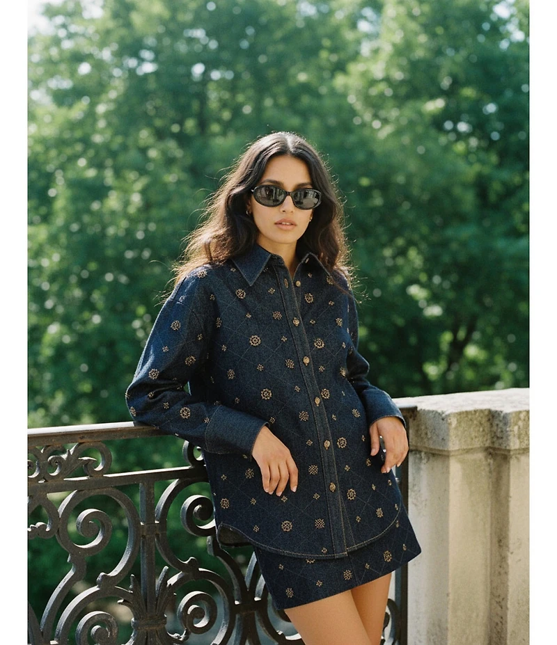 Line and Dot Attina Beaded Embellished Point Collar Long Sleeve Button Front Coordinating Denim Shirt