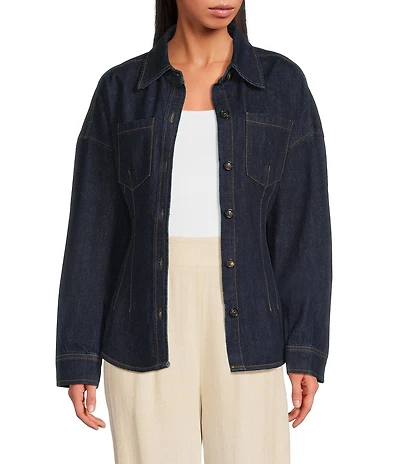 Line and Dot Caryl Collared Long Sleeve Button Front Hourglass Denim Jacket