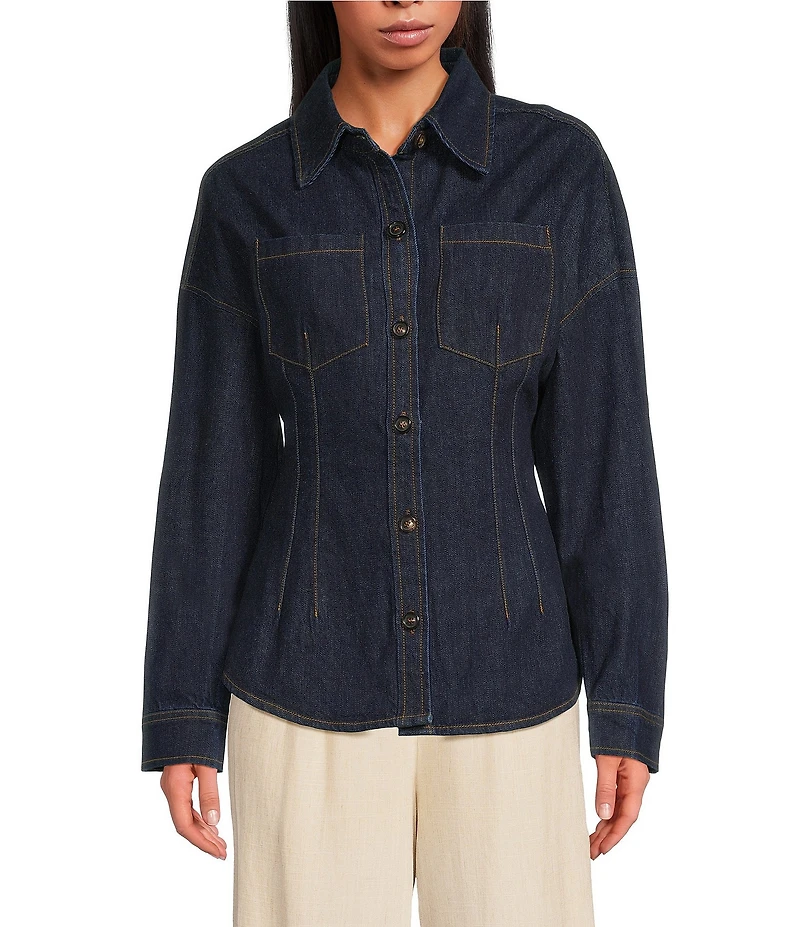 Line and Dot Caryl Collared Long Sleeve Button Front Hourglass Denim Jacket
