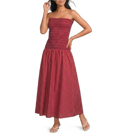 Line and Dot Claudina Stripe Print Strapless Drop Waist Smocked Maxi Dress
