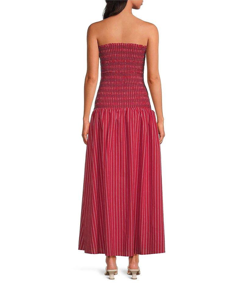 Line and Dot Claudina Stripe Print Strapless Drop Waist Smocked Maxi Dress