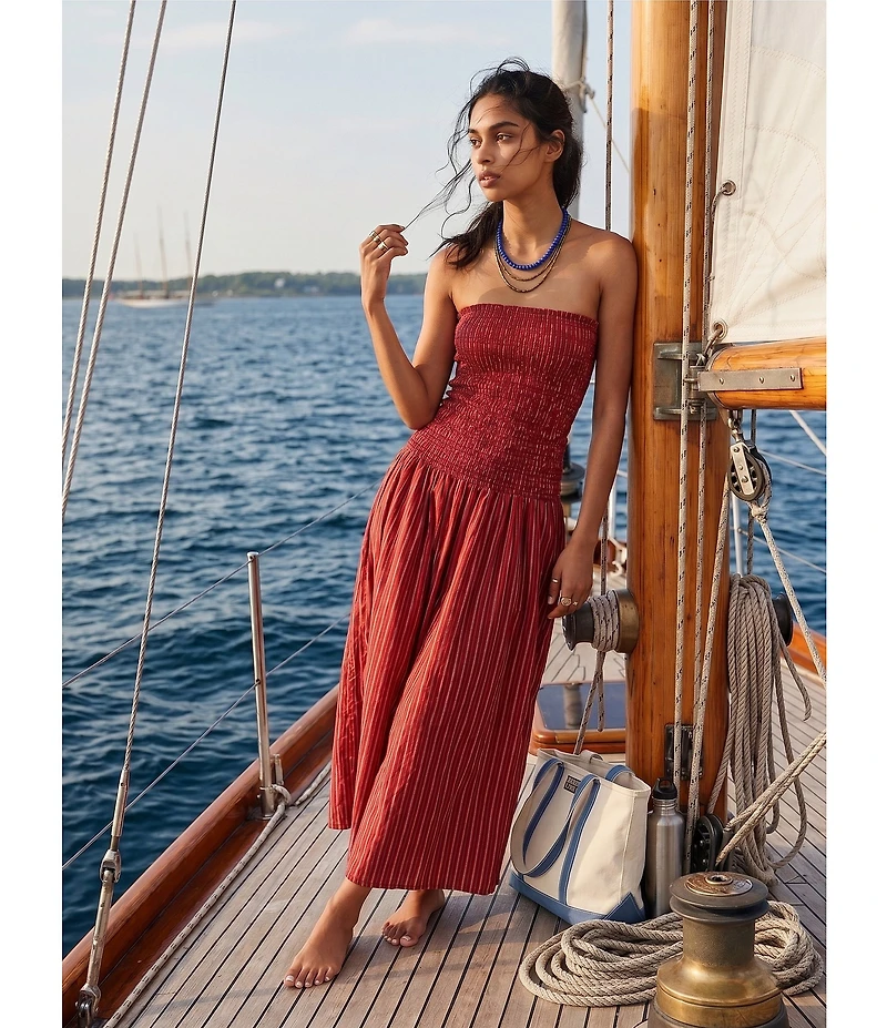 Line and Dot Claudina Stripe Print Strapless Drop Waist Smocked Maxi Dress