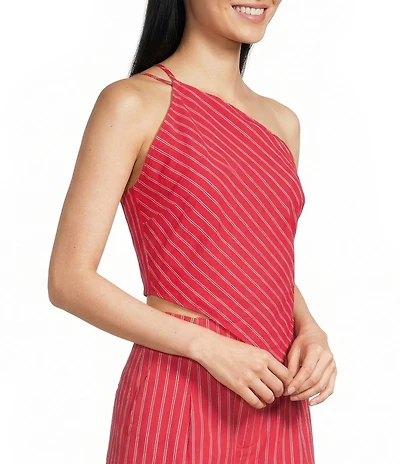 Line And Dot Claudine Stripe Print One-Shoulder Sleeveless Asymmetric Coordinating Top