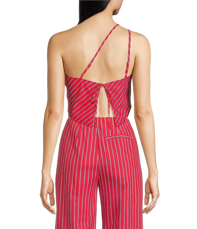 Line And Dot Claudine Stripe Print One-Shoulder Sleeveless Asymmetric Coordinating Top