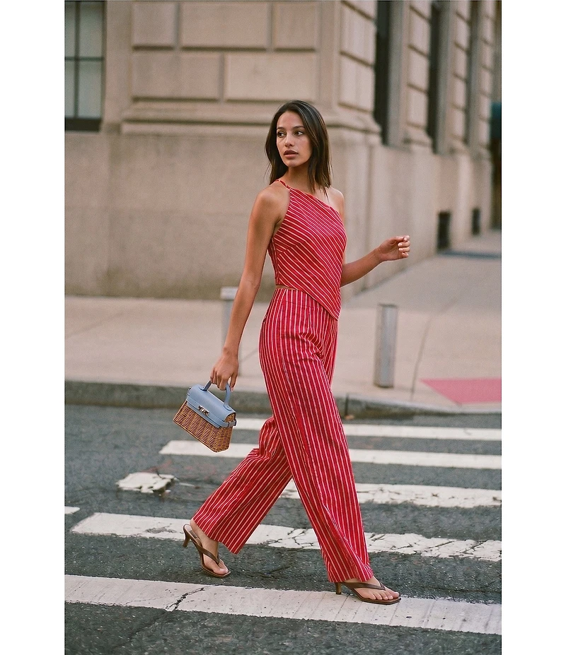 Line And Dot Claudine Stripe Print One-Shoulder Sleeveless Asymmetric Coordinating Top