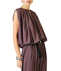 Line and Dot Diane Crew Neck Cap Sleeve Shirred Bubble Hem Coordinating Knit Top