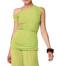 Line and Dot Divya Asymetric Neck Single Sleeve Coordinating Mesh Top