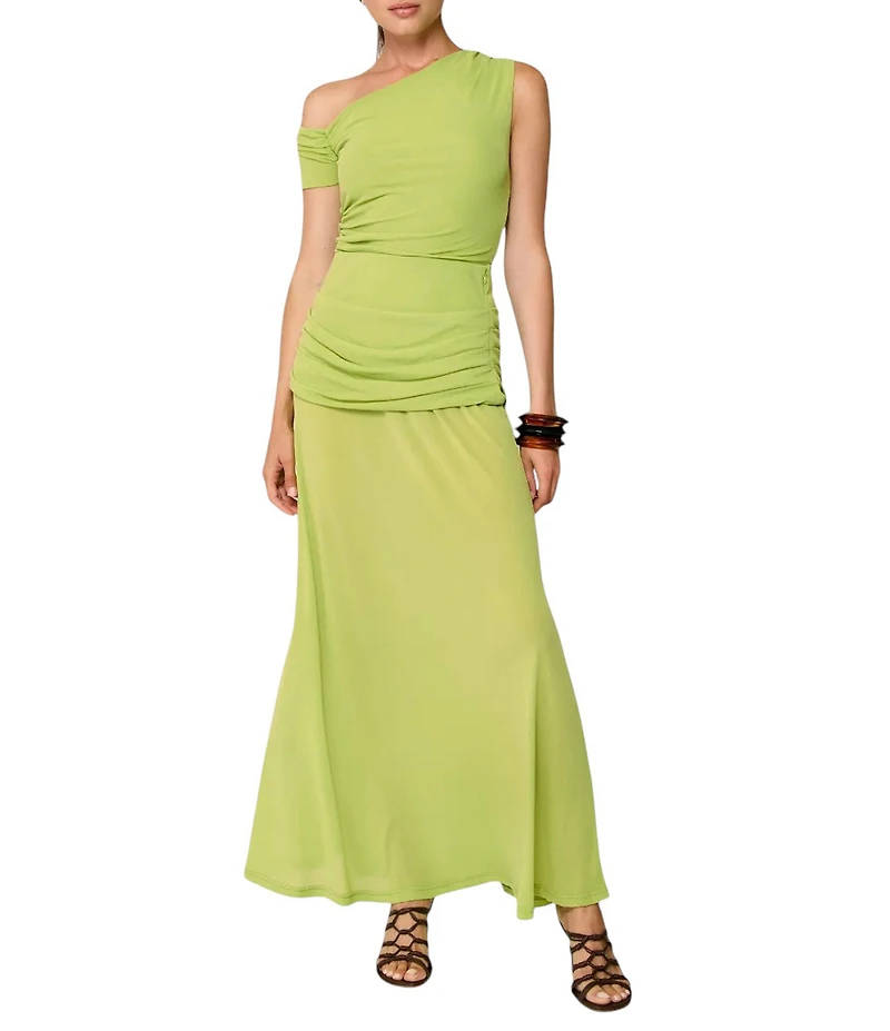 Line and Dot Divya Asymetric Neck Single Sleeve Coordinating Mesh Top