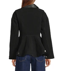 Line and Dot Eton Collared Neckline Long Sleeve Brushed Twill Canvas Peplum Jacket