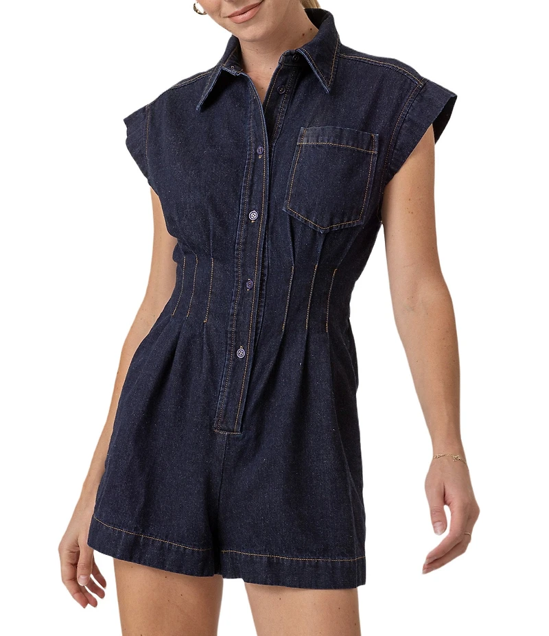 Line and Dot Flavia Collared Neck Sleeveless Button Front Denim Romper