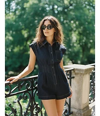 Line and Dot Flavia Collared Neck Cap Sleeve Button Front Denim Romper