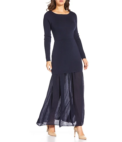 Line and Dot Gemma Round Neck Long Sleeve Mix Media Maxi Dress