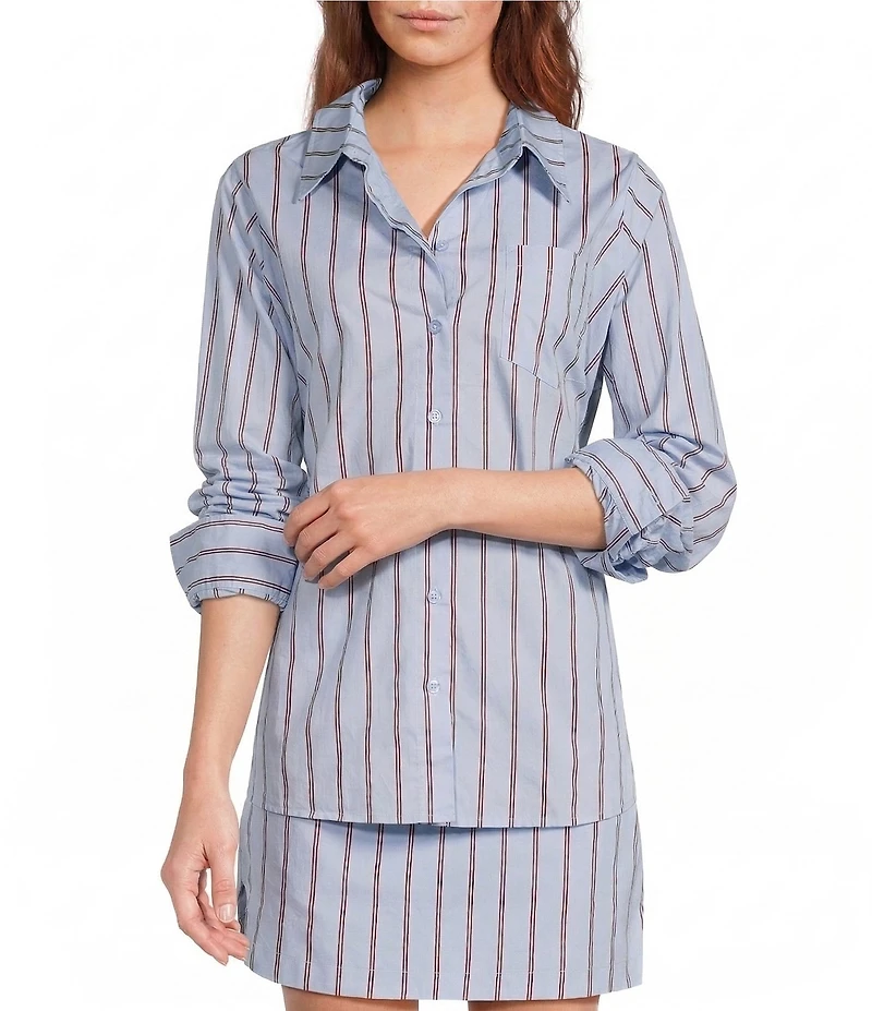 Line and Dot Getty Stripe Print Point Collar Long Sleeve Coordinating Poplin Top