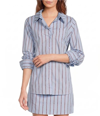 Line and Dot Getty Stripe Print Point Collar Long Sleeve Coordinating Poplin Top
