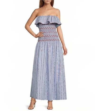 Line and Dot Getty Stripe Print Strapless Smocked Drop Waist Poplin Maxi Dress