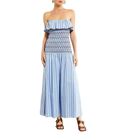 Line and Dot Getty Stripe Print Strapless Smocked Drop Waist Poplin Maxi Dress