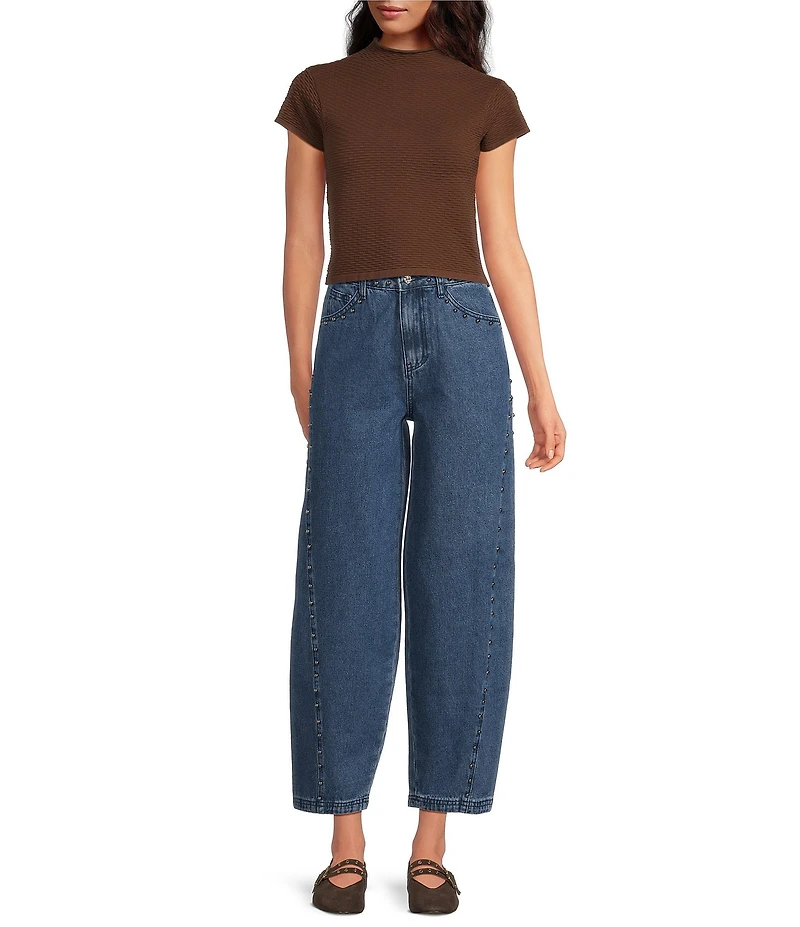 Line and Dot Grove Mock Neck Short Sleeve Textured Knit Top