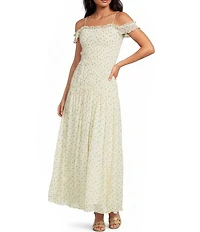Line and Dot Lilou Polka Dot Off The Shoulder Shirred Maxi Dress