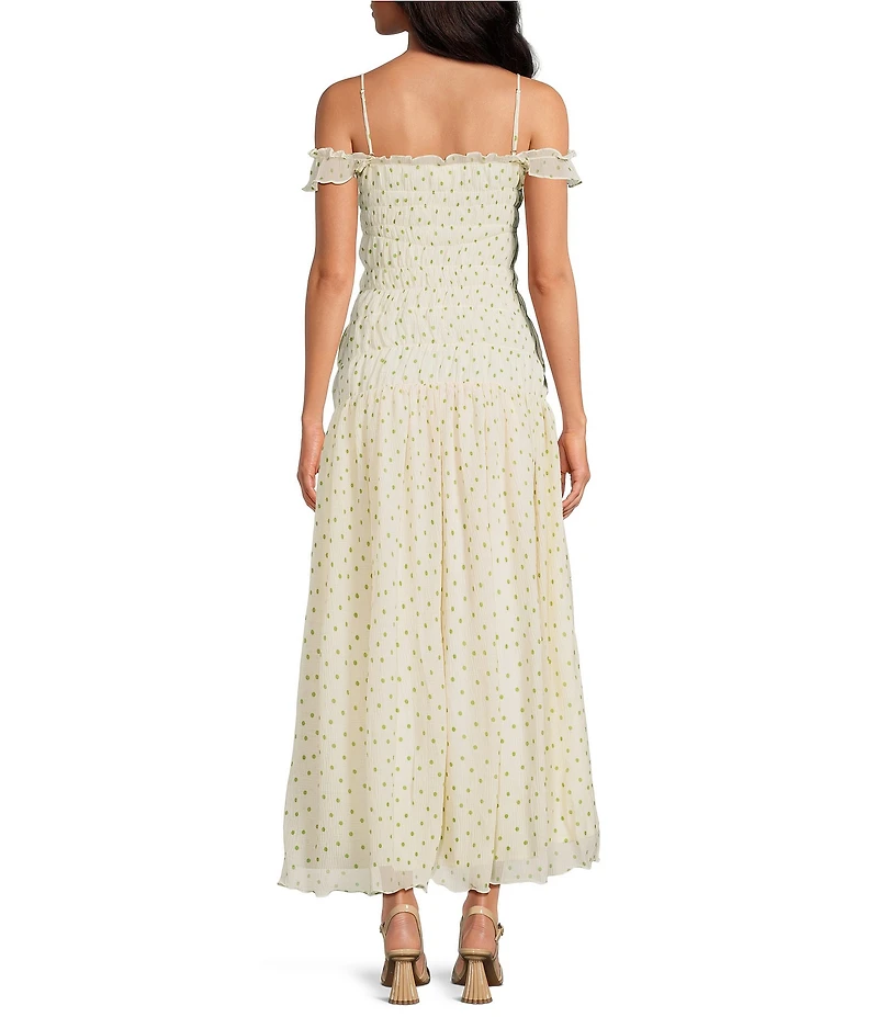 Line and Dot Lilou Polka Dot Off The Shoulder Shirred Maxi Dress