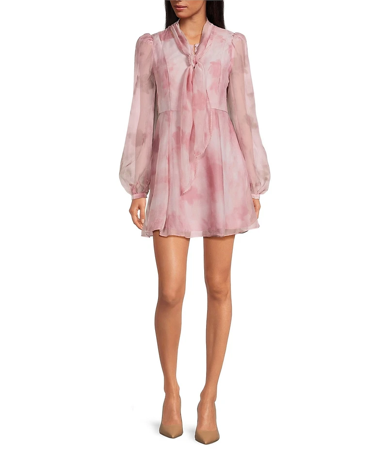 Line and Dot Mael Floral Print Long Sleeve Integrated Scarf Mini Dress