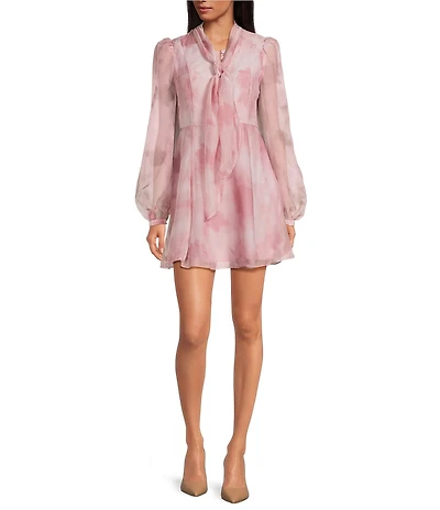 Line and Dot Mael Floral Print Long Sleeve Integrated Scarf Mini Dress