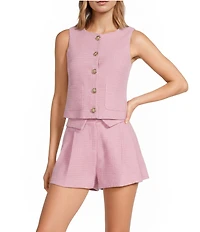 Line and Dot Marlowe Round Neck Sleeveless Button Front Coordinating Tweed Top