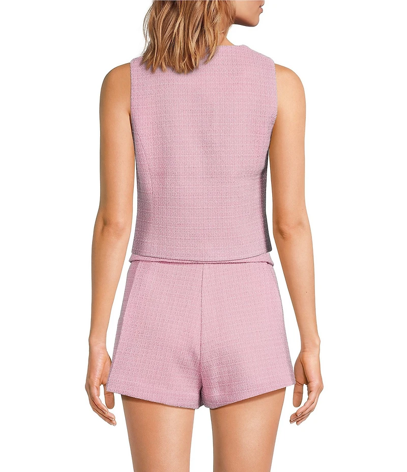 Line and Dot Marlowe Round Neck Sleeveless Button Front Coordinating Tweed Top