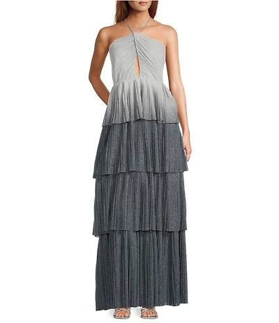 Line and Dot Oracle Ombre Print Halter Neck Sleeveless Tiered Maxi Dress