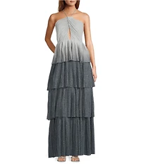 Line and Dot Oracle Ombre Print Halter Neck Sleeveless Tiered Maxi Dress