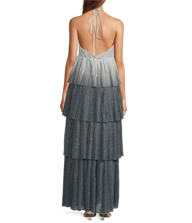 Line and Dot Oracle Ombre Print Halter Neck Sleeveless Tiered Maxi Dress