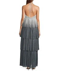 Line and Dot Oracle Ombre Print Halter Neck Sleeveless Tiered Maxi Dress