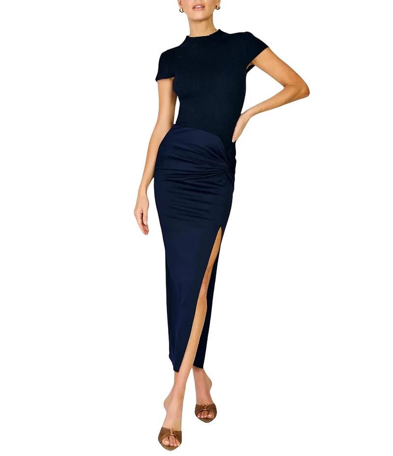 Line and Dot Pavo Mock Neck Cap Sleeve Mix-Media Maxi Dress