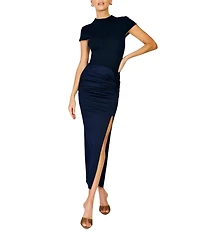 Line and Dot Pavo Mock Neck Cap Sleeve Mix-Media Maxi Dress