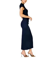 Line and Dot Pavo Mock Neck Cap Sleeve Mix-Media Maxi Dress