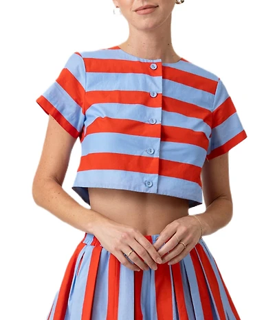 Line And Dot Primo Stripe Print Round Neck Short Sleeve Button Front Coordinating Poplin Top