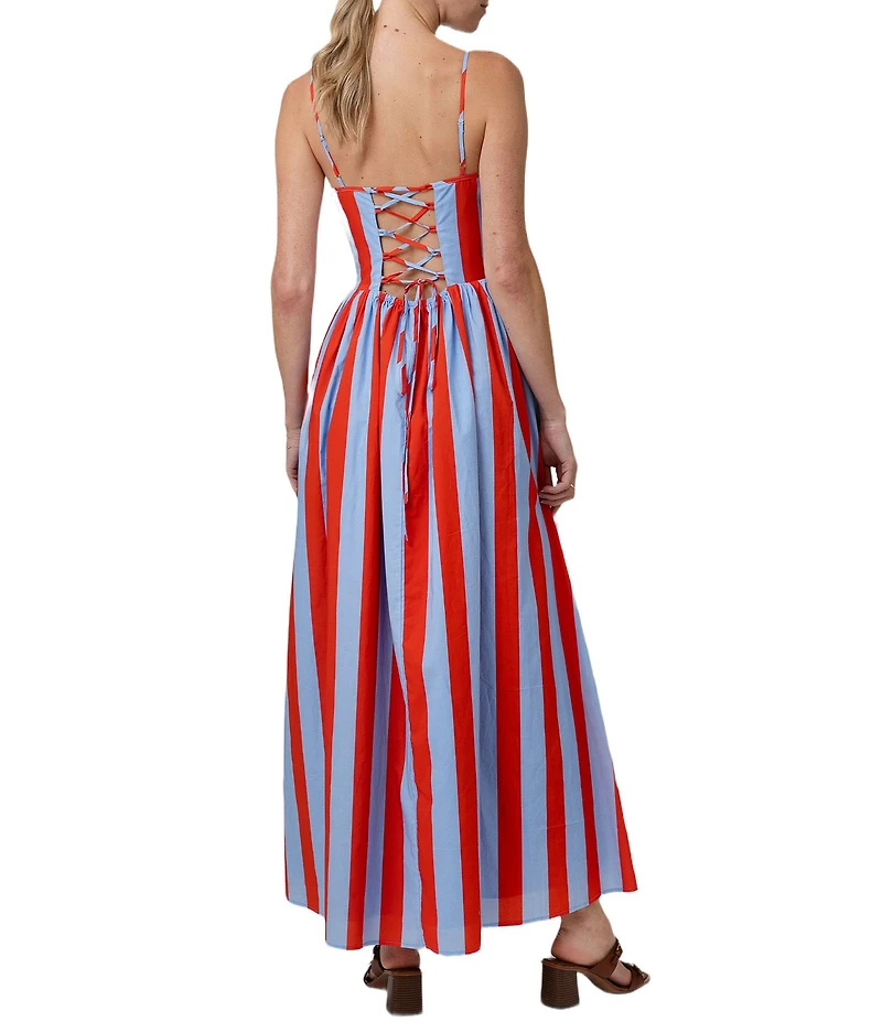 Line and Dot Primo Stripe Print Sweetheart Neck Sleeveless A-Line Poplin Maxi Dress