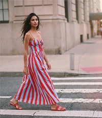 Line and Dot Primo Stripe Print Sweetheart Neck Sleeveless A-Line Poplin Maxi Dress