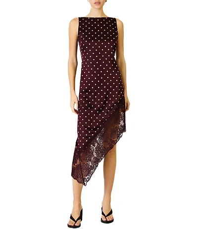 Line and Dot Raye Polka Dot Boat Neck Sleeveless Asymmetrical Lace Hem Midi Dress