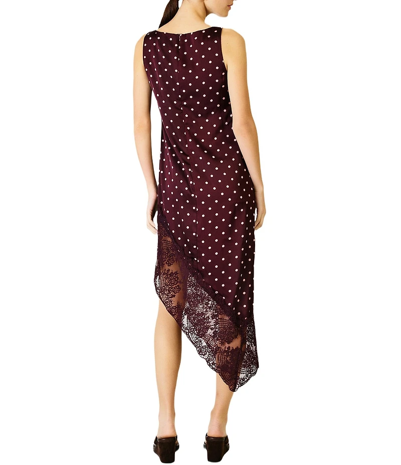 Line and Dot Raye Polka Dot Boat Neck Sleeveless Asymmetrical Lace Hem Midi Dress